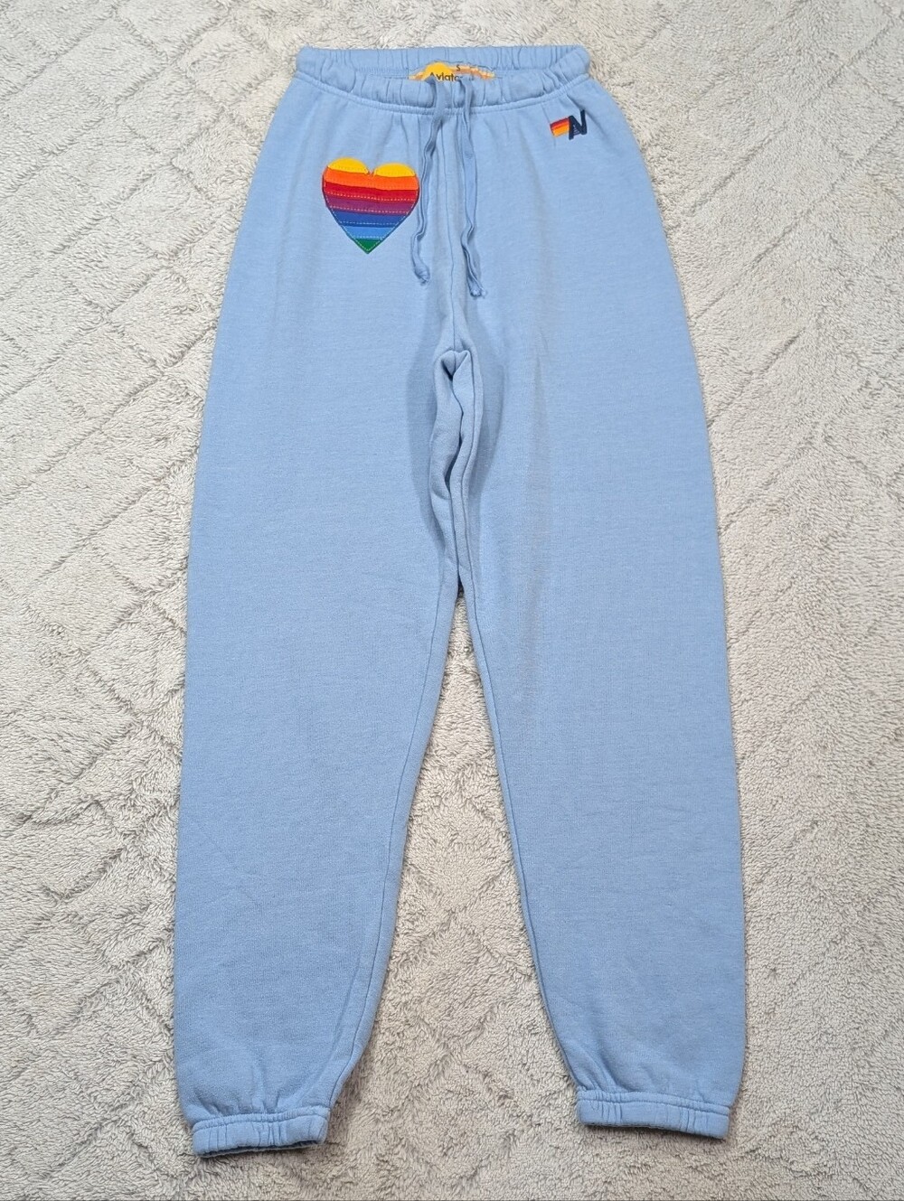 Aviator Nation Sweatpants Womens S Blue Ice Rainbow Heart Stitch Soft Cozy